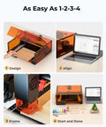 Laser engraver with orange translucent enclosure and 300x300mm bed; collage showing Design, Align, Frame, Start steps