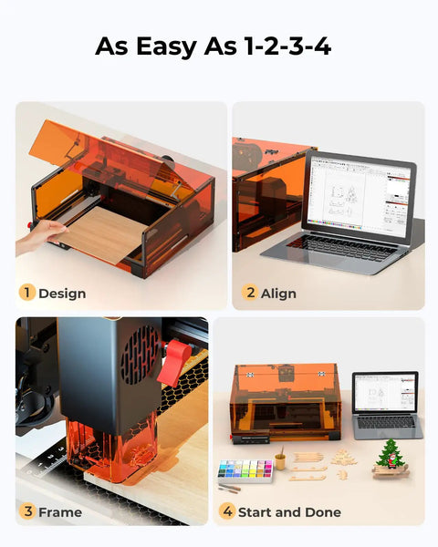 High Power 20W Laser Cutter And Engraver With 300x300mm Bed shown in design, align, frame, and start stages.