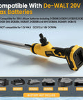 Compatible with De-WALT 20V Max Batteries for cordless pump use, showcasing battery attachment options with yellow handle.