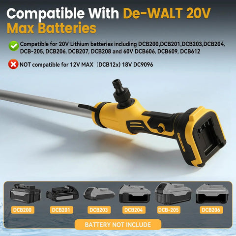 Compatible with De-WALT 20V Max Batteries for cordless pump use, showcasing battery attachment options with yellow handle.