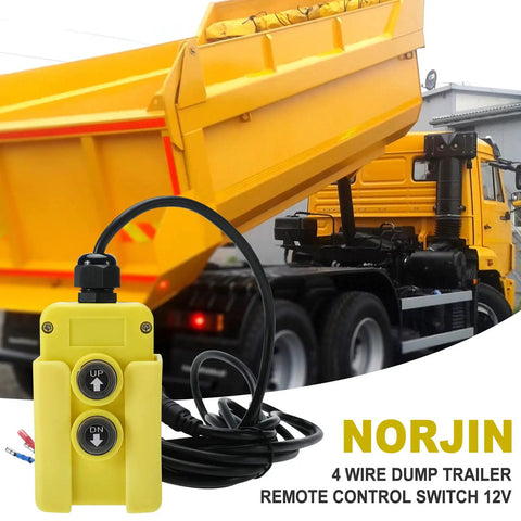 12V DC 4-Wire Remote Switch For Hydraulic Dump Trailer Dual-Acting Pump in front of yellow dump truck