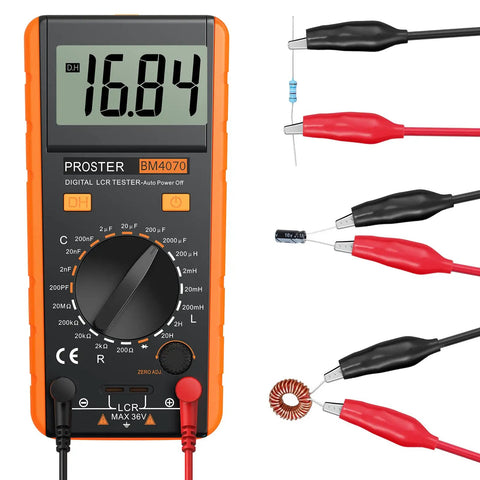 High Accuracy LCR Meter Digital Multimeter with LCD for measuring capacitance, resistance, and inductance, and test leads.