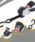 Hassle Free Self Retracting Ratchet Straps 12 Foot Automatic Quick Lock Cargo Tie Down Strap Set with metal hook and plastic handle.