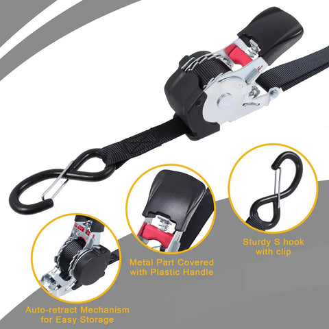 Hassle Free Self Retracting Ratchet Straps 12 Foot Automatic Quick Lock Cargo Tie Down Strap Set with metal hook and plastic handle.
