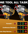 Beast Mode Cordless Impact Wrench Compatible With DeWalt Batteries Spits Out 1328 Ft Lbs Of Knockout Torque For Trucks Rig Work And Seized Bolts Plus Three Smart Speeds For Pros Who Hustle And Demand Zero Compromise Tooling showing forward and reverse user controls.
