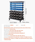 Seven Tier Double Sided Rolling Bin Storage Rack With Ninety Four Plastic Bins On Wheels in garage setting