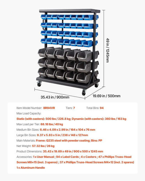 Seven Tier Double Sided Rolling Bin Storage Rack With Ninety Four Plastic Bins On Wheels in garage setting