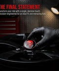 Four Pack Red Metal Skull Wheel Center Hub Cap Stickers Self Adhesive Waterproof Rim Covers Rugged Fits Trailer Grease And Bearing Dust Caps Straight Up Tough on a black wheel.