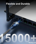 Cat6 Ethernet Cable 100 Ft Indoor Outdoor Rock Solid High Speed 10Gbps connected to modem showcasing durability