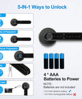 Five In One Keyless Smart Door Lock With App Code Fingerprint Key Card And Handle methods and batteries shown
