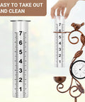 32-Inch Garden Rain Gauge With Thermometer And Metal Bird Statue, showing glass tube and thermometer design