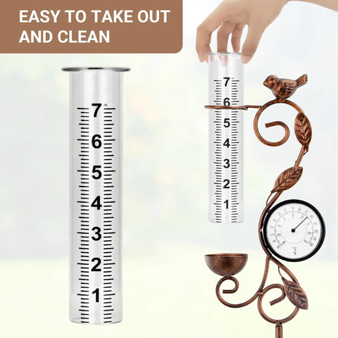 32-Inch Garden Rain Gauge With Thermometer And Metal Bird Statue, showing glass tube and thermometer design