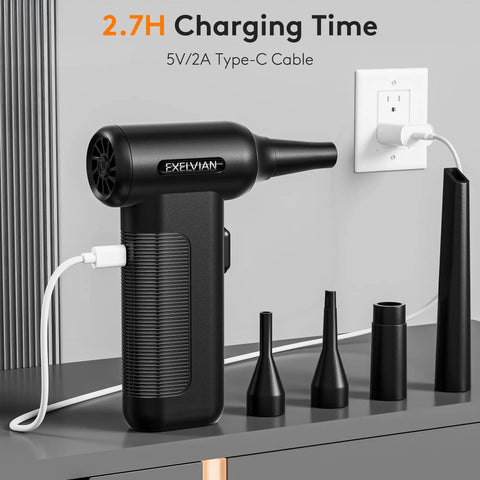 Electric Air Duster For Keyboard Cleaning With 150000 RPM And 10000mAh Battery LED Indicator Wireless Rechargeable Duster shown with attachments