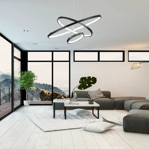 Three-Ring Black LED Chandelier For High Ceilings, 79 Inch Adjustable Hanging Light in modern living room with cool white glow