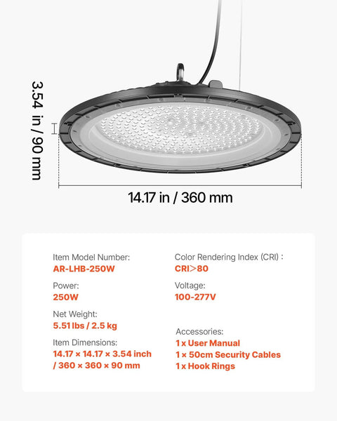 Front view of Six Pack UFO LED High Bay Lights With 36000 Lumens Of Brightness, 250W, 5000K Color Temperature, IP65 Waterproof, Black Finish