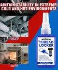 Blue medium strength threadlocker for extreme temperatures and corrosion resistance shown with industrial machinery.