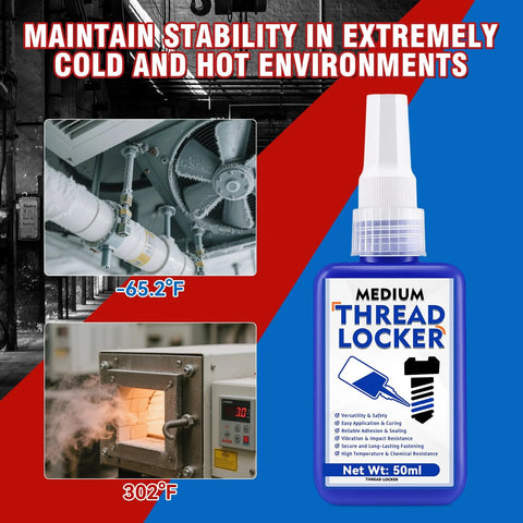 Blue medium strength threadlocker for extreme temperatures and corrosion resistance shown with industrial machinery.