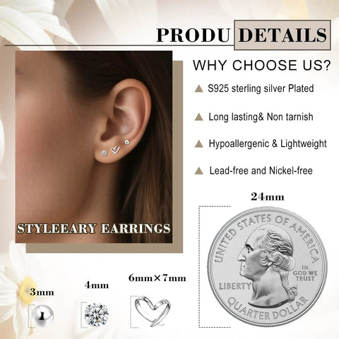 Three Pairs 925 Sterling Silver Stud Earrings Set For Women Hypoallergenic CZ Ball And Heart Mini Studs For Second Hole Lightweight Nickel Free Jewelry Includes Small Heart CZ Everyday Sparkle You Can Rock All Day. 3mm ball, 4mm CZ, 6x7mm heart