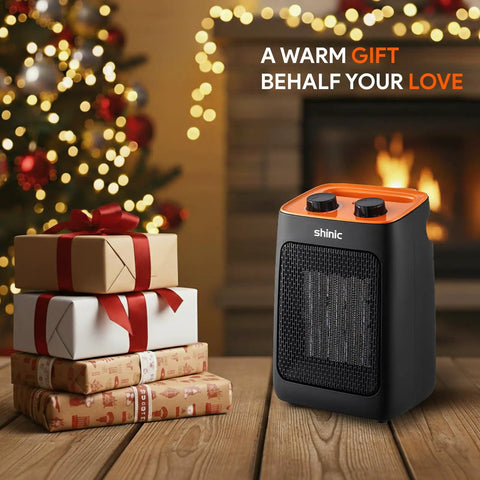 Portable Space Heater With Thermostat, 1500W PTC Ceramic Indoor Heater For Home Or Office, orange, beside Christmas gifts