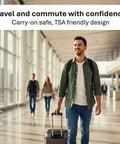 Person at airport with luggage, highlighting RFID Blocking Card 2 Pack For Wallet Defense And Travel Safety Shield.