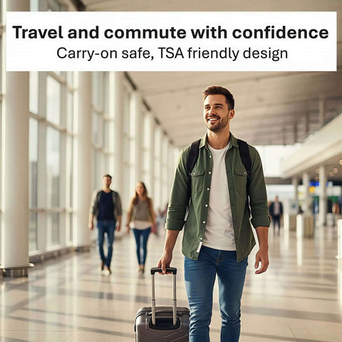 Person at airport with luggage, highlighting RFID Blocking Card 2 Pack For Wallet Defense And Travel Safety Shield.