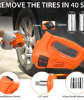 5 Ton 12V Electric Hydraulic Car Jack Kit 5 In 1 Portable Lift With Tire Inflator, Impact Wrench, LED Light, Auto Stop Safety Lock For SUV And MPV, Great For Garage And Roadside Emergency. Close-up of impact wrench in use on car tire, showing selectable socket sizes and tightening features.
