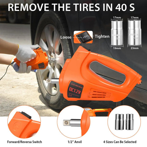 5 Ton 12V Electric Hydraulic Car Jack Kit 5 In 1 Portable Lift With Tire Inflator, Impact Wrench, LED Light, Auto Stop Safety Lock For SUV And MPV, Great For Garage And Roadside Emergency. Close-up of impact wrench in use on car tire, showing selectable socket sizes and tightening features.