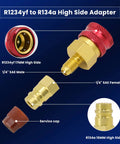 R1234YF to R134A Quick Coupler Adapter Kit showing red adapter, brass fittings, and service cap for auto AC systems.