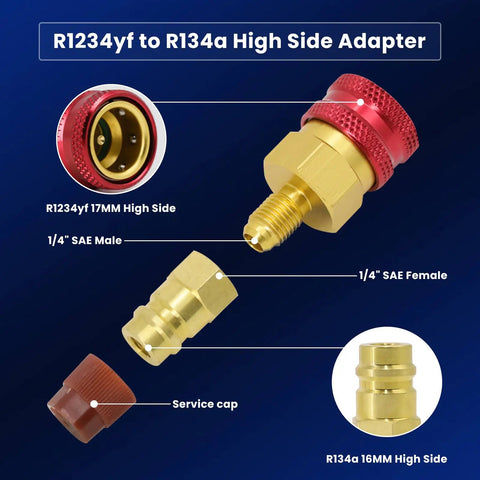 R1234YF to R134A Quick Coupler Adapter Kit showing red adapter, brass fittings, and service cap for auto AC systems.