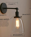 Vintage Industrial Wall Sconce With On Off Switch And Clear Glass Shade Indoor Vanity Light dimensions highlighted.