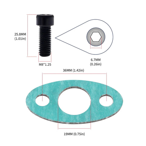 AN10 Turbo Oil Return Drain Flange Adapter Kit For Garrett GT28 GT30 GT35 T25 Turbos with gasket and bolt measurements