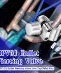 BPV31 Bullet Piercing Valve Kit, 2-piece silver clamp valve installed on a copper refrigerator line