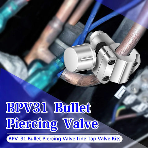 BPV31 Bullet Piercing Valve Kit, 2-piece silver clamp valve installed on a copper refrigerator line