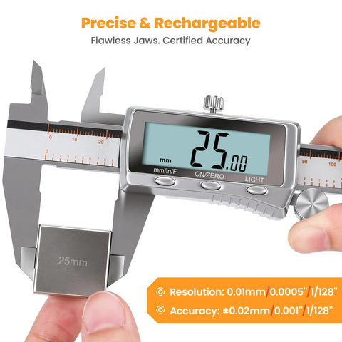 Beefy Rechargeable Digital Caliper With Backlit LCD All Metal Measuring Tool displaying 25 mm measurement