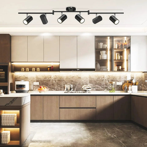 Modern kitchen with Six Light Black Track Lighting Kit With Adjustable LED Heads And GU10 Sockets Modern Matte Black Ceiling Fixture