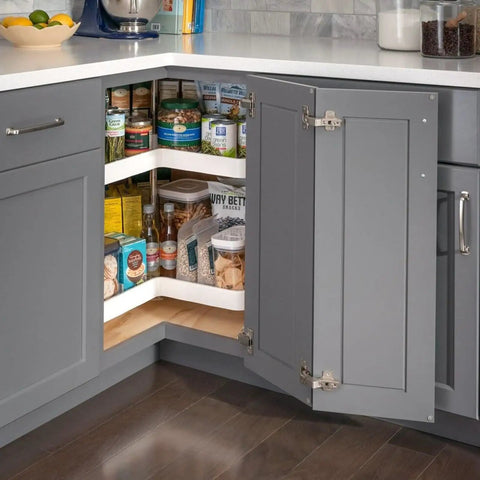 Rock Solid 135 Degree Kitchen Cabinet Hinges For Corner Cabinets With No Hassle Overlay Mount Hardware featured on gray cabinet with food storage.