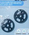 Heavy Duty Deck Ledger Spacers Bulk Pack Featuring Two Inch Round Base And Half Inch Width For No Sweat Installation Plus Top Notch Drainage, two black polypropylene spacers in water.