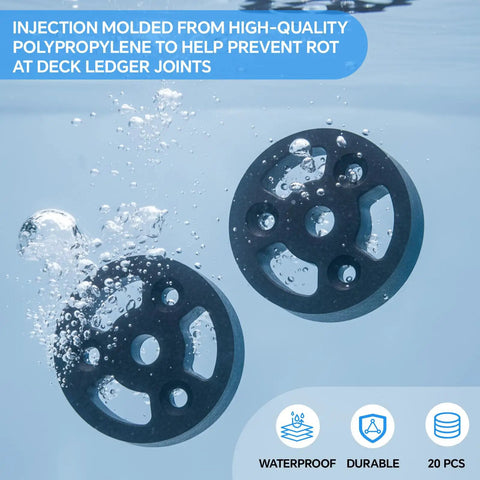 Heavy Duty Deck Ledger Spacers Bulk Pack Featuring Two Inch Round Base And Half Inch Width For No Sweat Installation Plus Top Notch Drainage, two black polypropylene spacers in water.