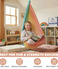 Heavy Duty Straight Up Smooth Sensory Swing For Kids And Adults Indoor Outdoor Cuddle Hammock Chair With Deep Pressure Support Autism And Adhd Calming Cocoon Vibe, rainbow hammock with a child reading, soft nylon, indoor use.
