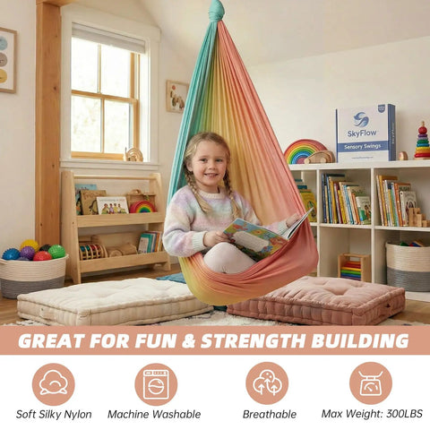 Heavy Duty Straight Up Smooth Sensory Swing For Kids And Adults Indoor Outdoor Cuddle Hammock Chair With Deep Pressure Support Autism And Adhd Calming Cocoon Vibe, rainbow hammock with a child reading, soft nylon, indoor use.
