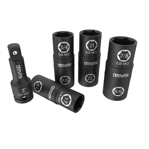 Eight Lug Nut Sockets For Half Inch Drive With Flip Eight In Four Design Covers Metric And Inch Nuts From 17mm To 22mm And From Three Quarters To Seven Eighths Inch Includes A Three Inch Extension Bar Cr Mo Steel Full Impact displayed in various sizes.