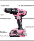 20V Cordless Drill Kit With Battery Charger And Carrying Case Three Eighth Inch Keyless Chuck Two Speed Settings 18 Plus 3 Torque 72 Piece Driver Bits Belt Hook Pink Color For Quick Pro Grade Projects
