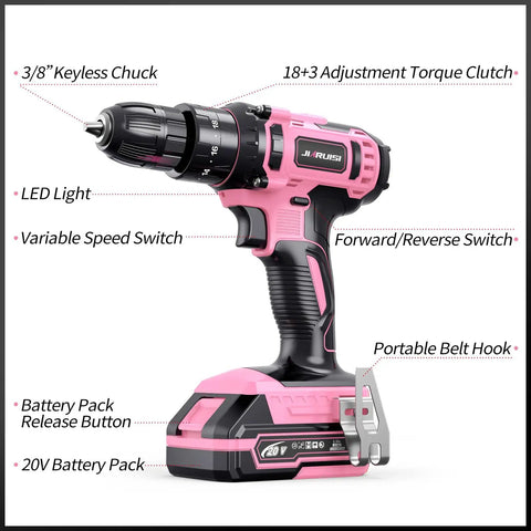 20V Cordless Drill Kit With Battery Charger And Carrying Case Three Eighth Inch Keyless Chuck Two Speed Settings 18 Plus 3 Torque 72 Piece Driver Bits Belt Hook Pink Color For Quick Pro Grade Projects