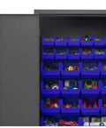 Top Shelf Industrial Rolling Steel Storage Cabinet Built Straight Up With Thirty Blue Sorting Bins inside with organized parts.