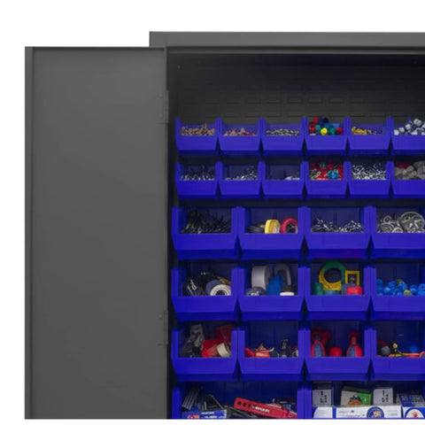 Top Shelf Industrial Rolling Steel Storage Cabinet Built Straight Up With Thirty Blue Sorting Bins inside with organized parts.