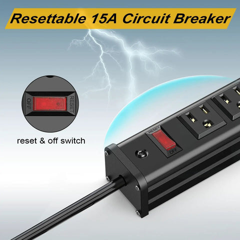 Close-up of reset and off switch on Beefy 16 Outlet Surge Protector Power Strip With 10 Ft Extension Cord Built In Circuit Breaker