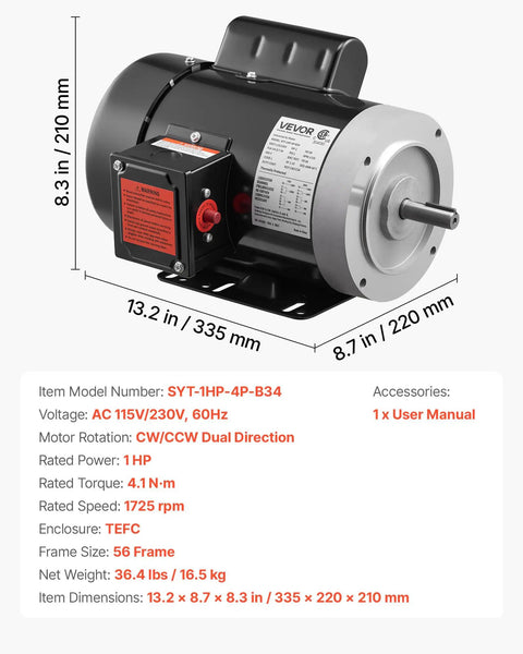 Beefy 1HP Air Compressor Electric Motor With 1725 RPM CW CCW Rotation 5/8 Inch Shaft 1.88 Inch Shaft Length 4.1 Nm Torque