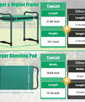Comparison chart showing dimensions of TomCare garden kneeler and seat with extra wide pad, highlighting size differences and features.