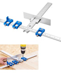 Cabinet Hardware Jig For Handles And Knobs, Aluminum Drill Guide Sleeve, Drawer Pull Template, Dowelling Tools Set, Quick Release Drill Guide Block, High Precision, Easy Setup, Install Hardware 10x Faster, DIY Friendly, Durable Aluminum And ABS showing tool setup on wood