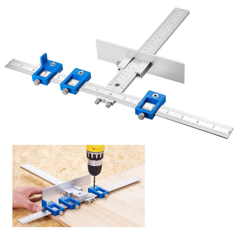 Cabinet Hardware Jig For Handles And Knobs, Aluminum Drill Guide Sleeve, Drawer Pull Template, Dowelling Tools Set, Quick Release Drill Guide Block, High Precision, Easy Setup, Install Hardware 10x Faster, DIY Friendly, Durable Aluminum And ABS showing tool setup on wood